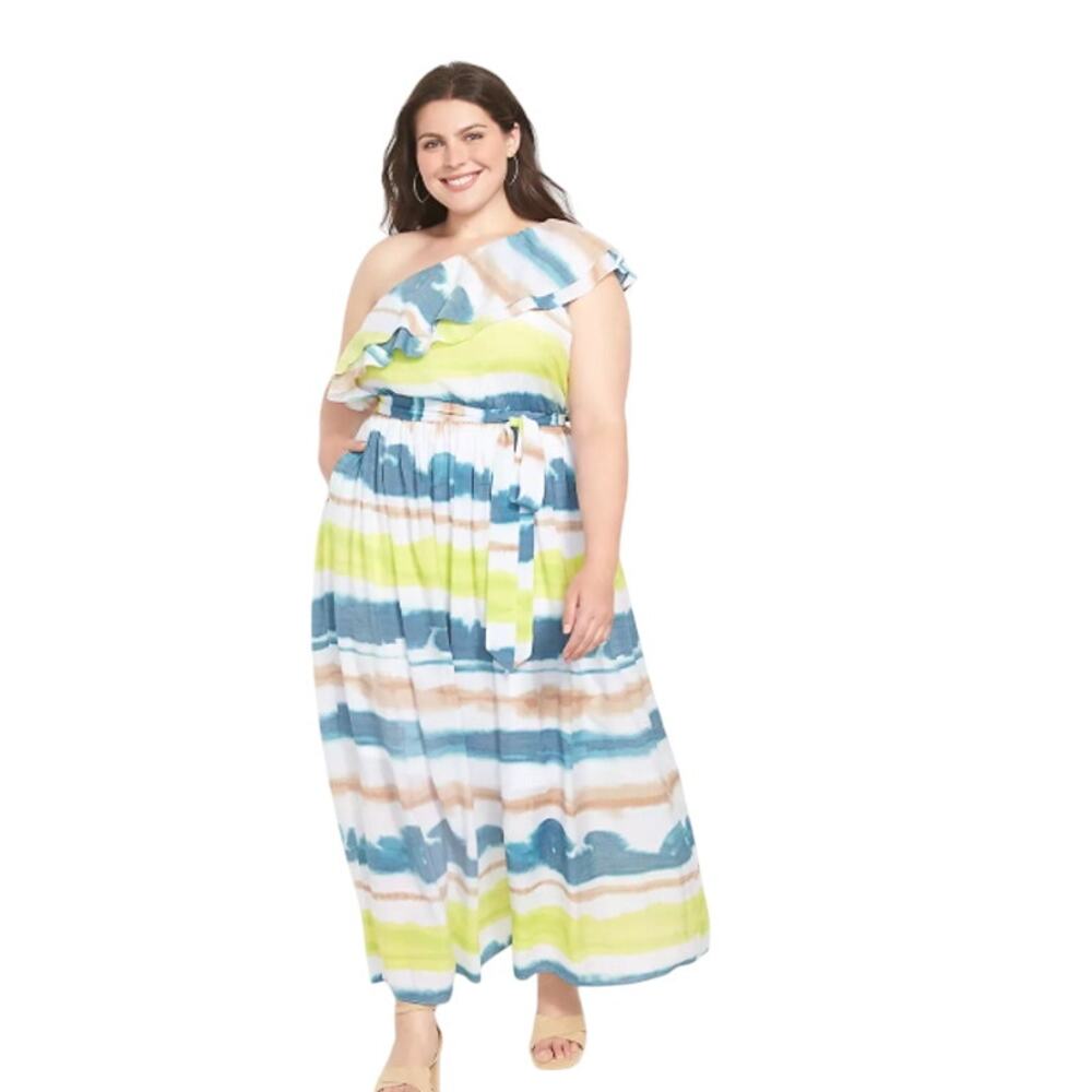 Lane Bryant One-Shoulder Belted Maxi Dress Ocean Stripe Size  12P